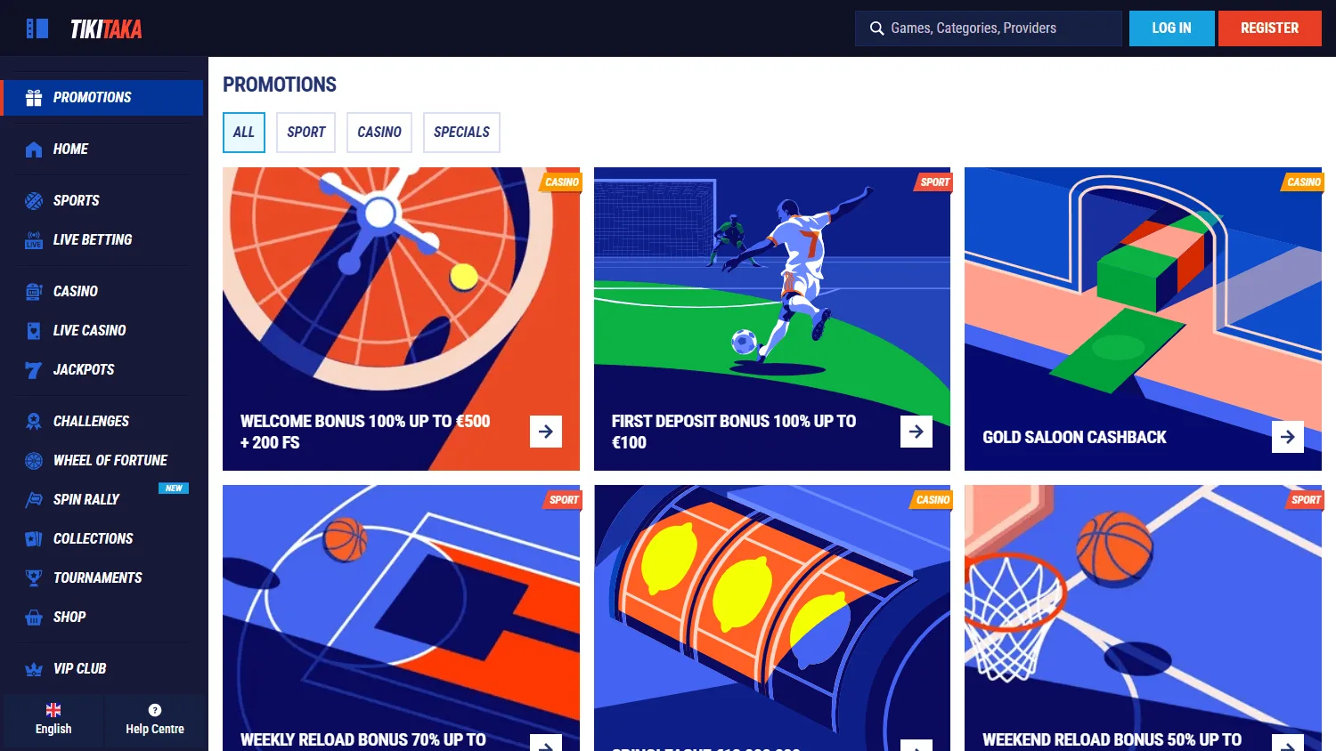 Tikitaka Casino desktop promotions area with welcome, reload and cashback offers