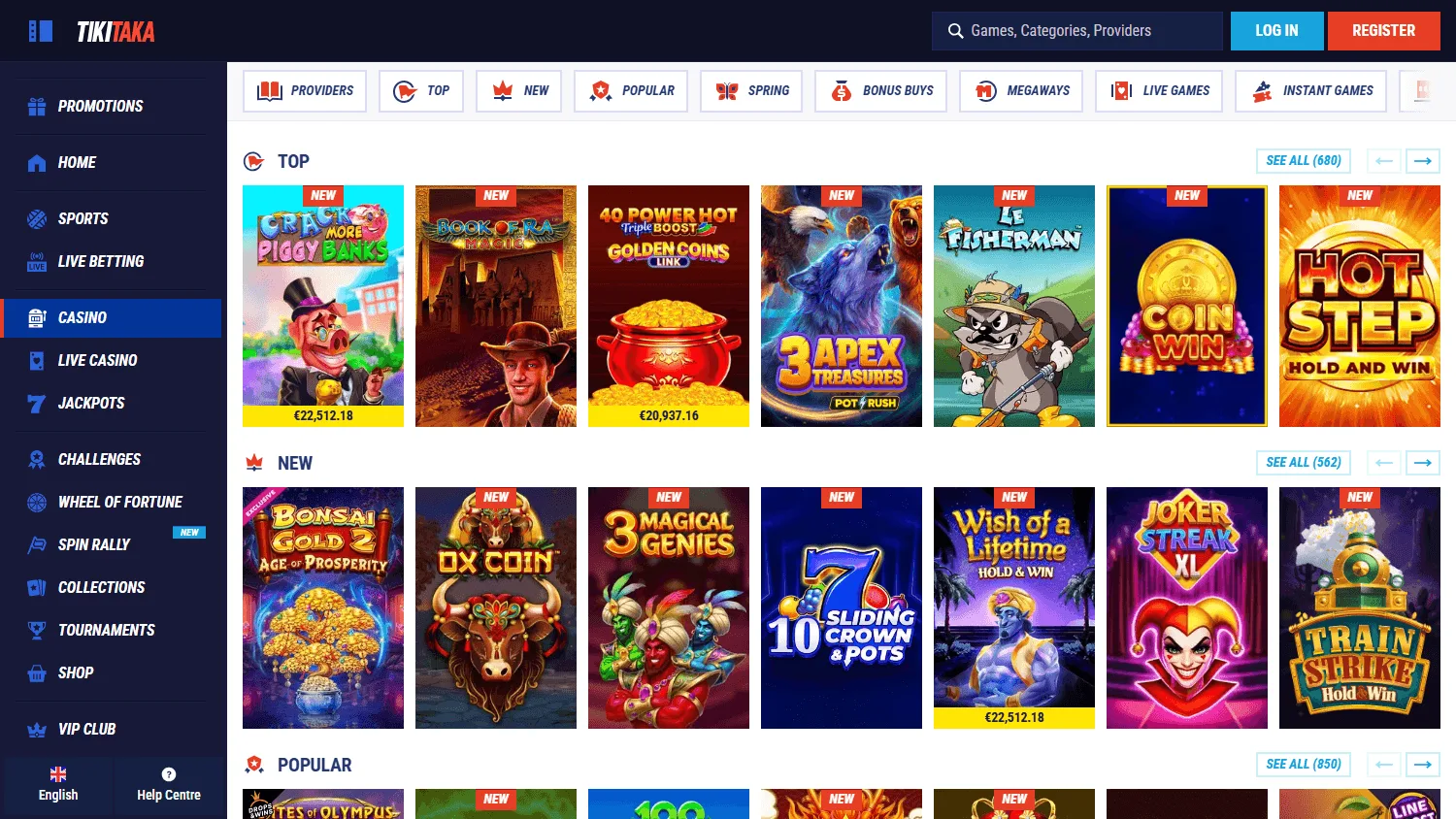 Tikitaka Casino desktop games area with slots, live casino and instant games