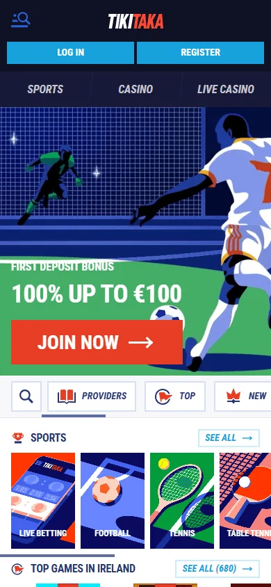 Tikitaka Casino mobile browser home with casino categories and offers