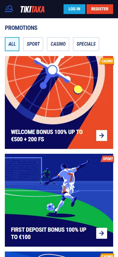 Tikitaka Casino mobile browser promotions area with casino rewards