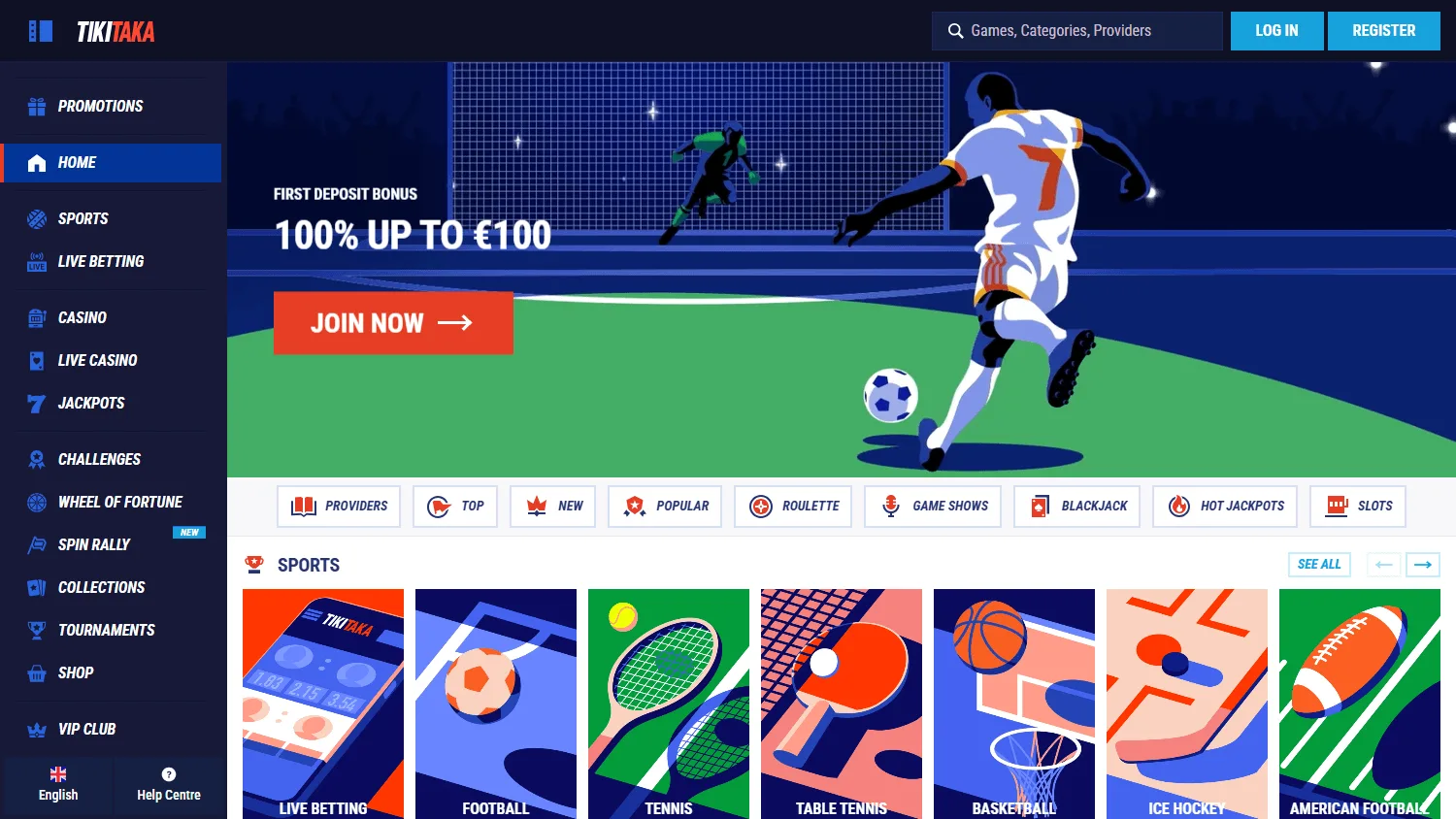Tikitaka Casino desktop home with casino categories and promotional offers
