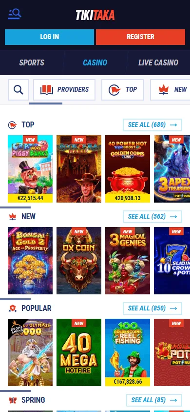 Tikitaka Casino mobile browser games area with slots and casino categories